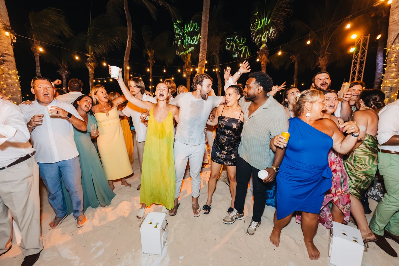 Couple and guests celebrating under string lights